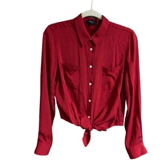 Theory Stretch Silk Women's Tie-Front Red Medium Long Sleeve Button Shirt Blouse - Picture 2 of 14
